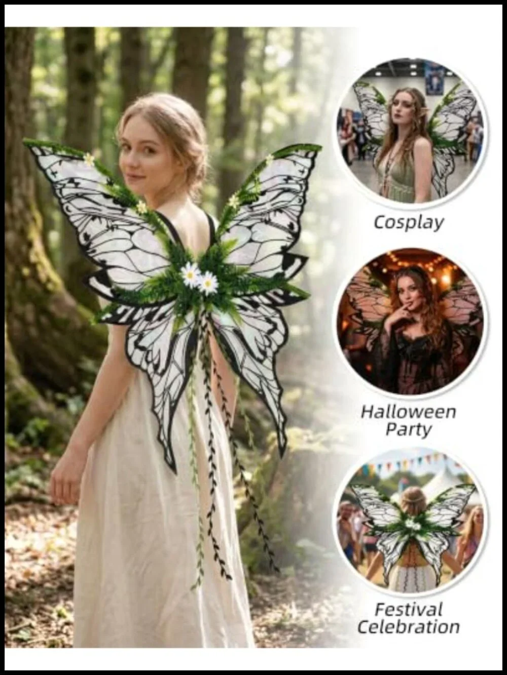 Fairy Wings Adult Women Butterfly Wings with Flower Vine Tassel Organza